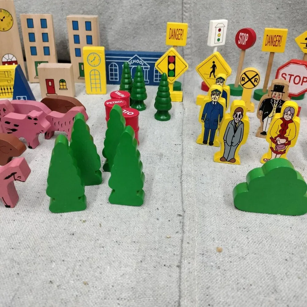 Lot of 63 Thomas Train Wooden Trees Signs Animals People Buildings Accessories